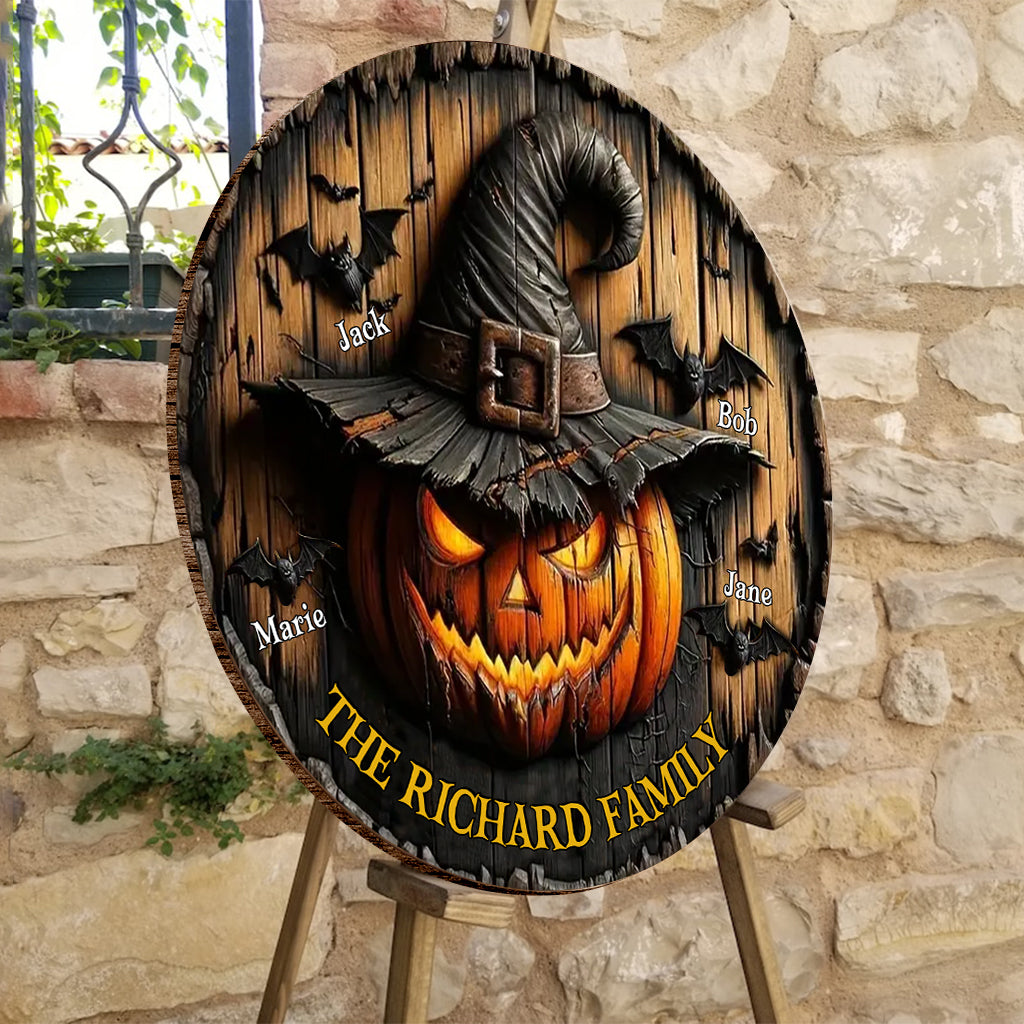Witch Pumpkin Family - Personalized Family Round Wood Sign