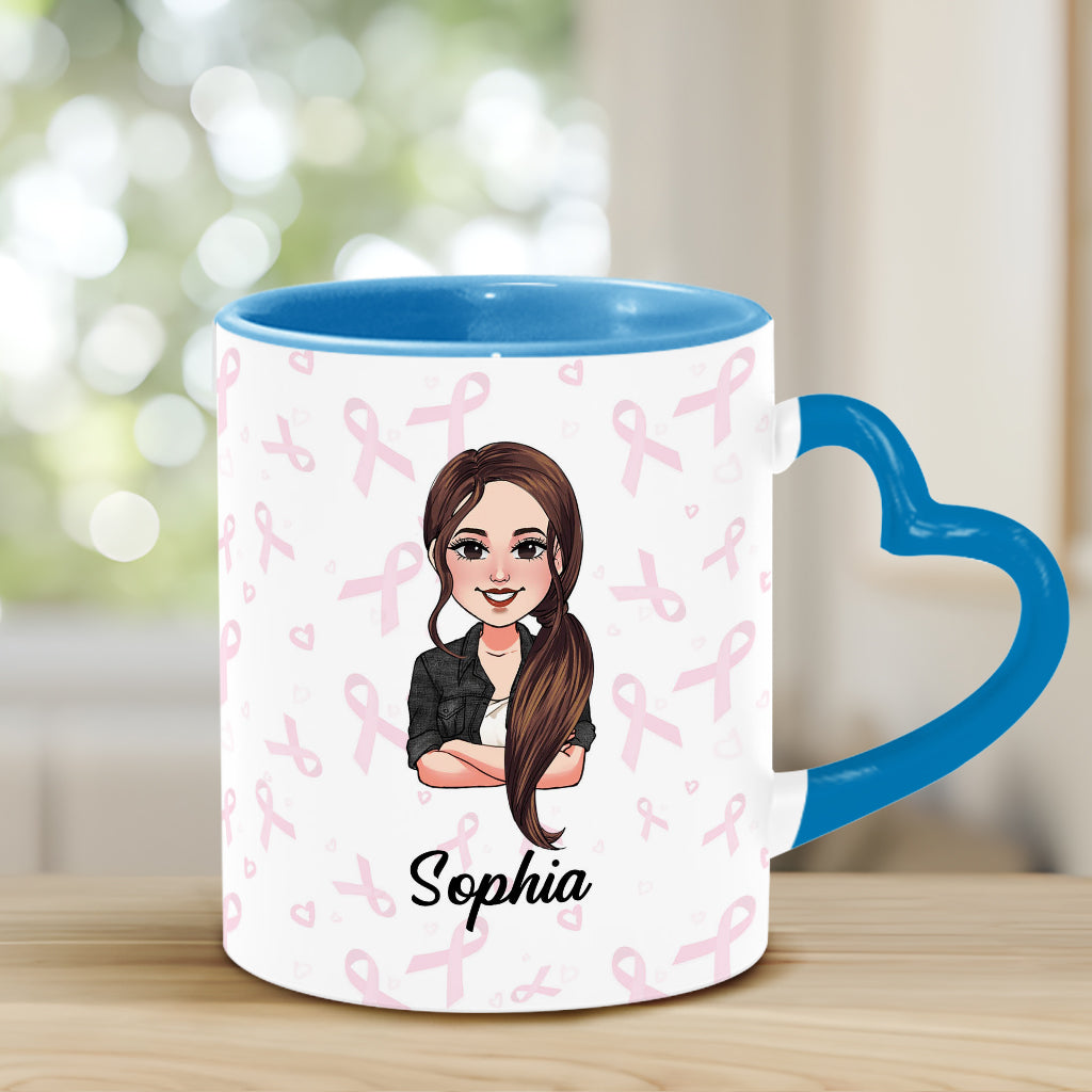 Dear Cancer You Picked The Wrong Bitch - Personalized Breast Cancer Awareness Heart Handle Mug