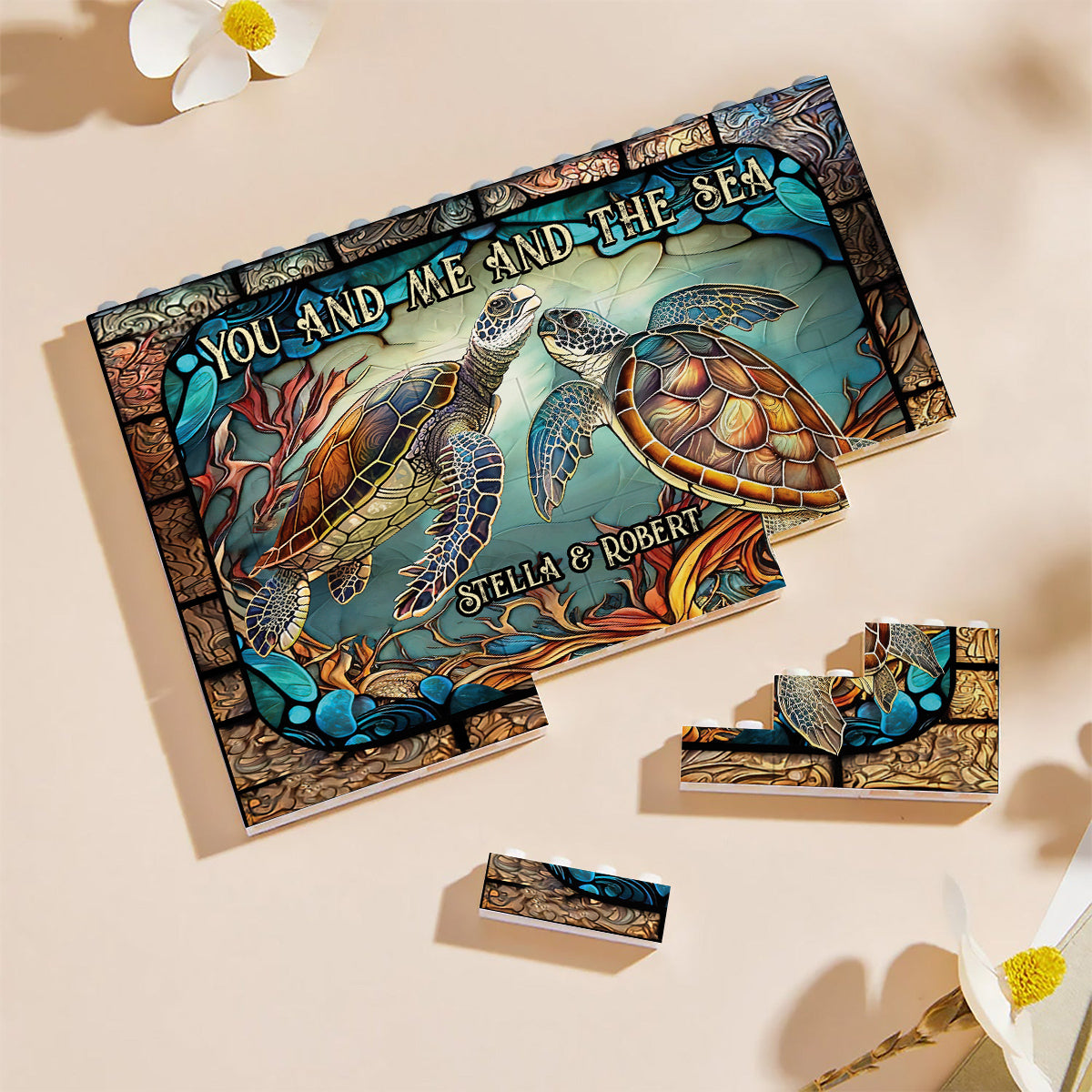Beautiful Turtle Stained Glass You And Me - Personalized Turtle One-sided Horizontal Rectangle Building Brick Blocks