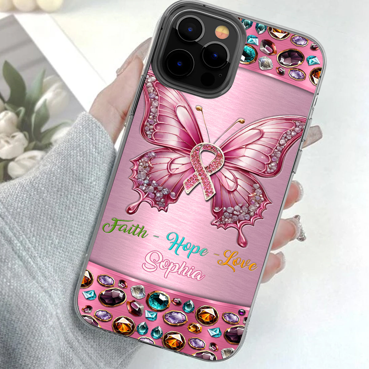Hope For A Cure - Personalized Breast Cancer Awareness Clear Phone Case