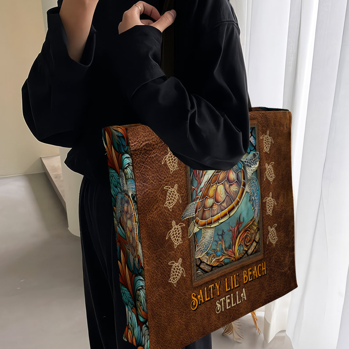 Salty Lil Beach - Personalized Turtle All-Over Print Canvas Tote Bag