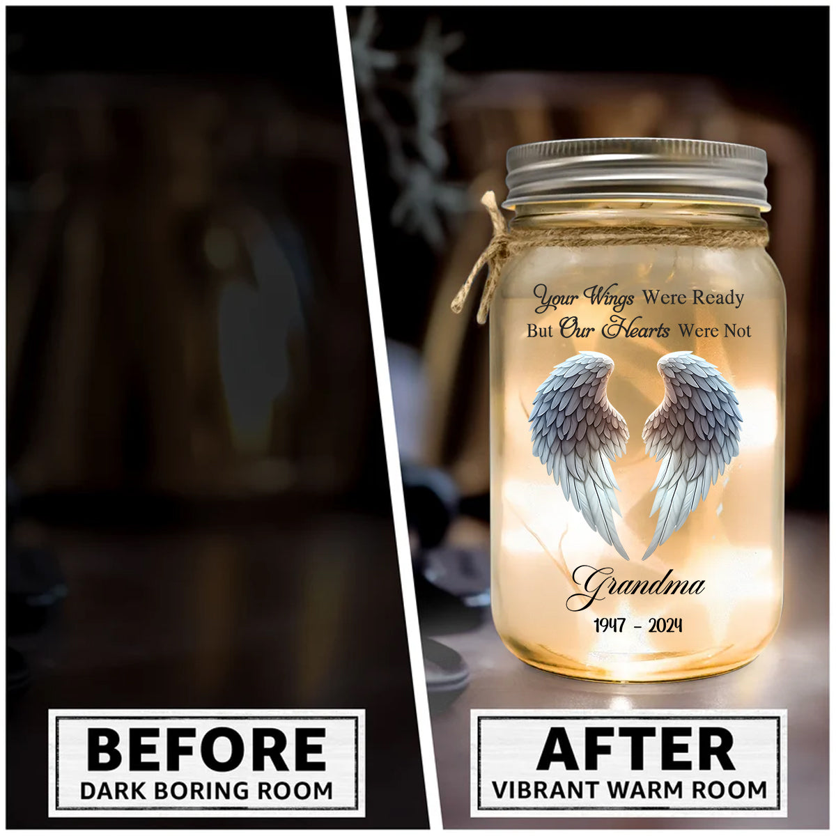 Beautiful Angle Wings - Personalized Memorial Mason Jar Light