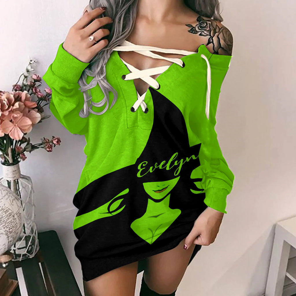 Green Witch - Personalized Witch Off Shoulder Long Sleeve Dress