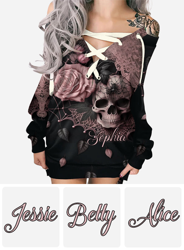 Enchanting Floral & Skull - Personalized Skull Off Shoulder Long Sleeve Dress