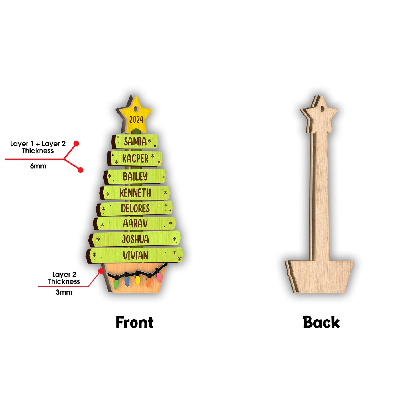 Family Tree Ornament - Personalized Family 2 Layered Piece Ornament
