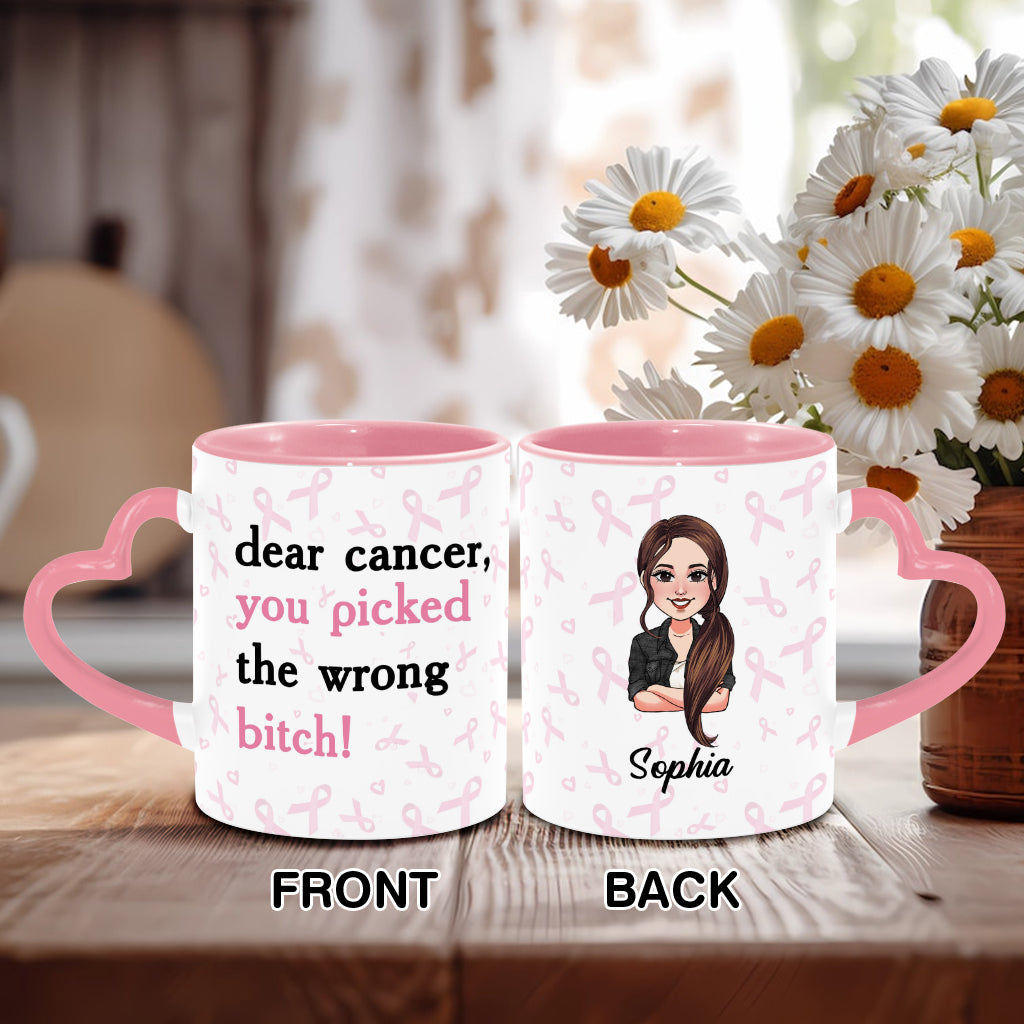 Dear Cancer You Picked The Wrong Bitch - Personalized Breast Cancer Awareness Heart Handle Mug