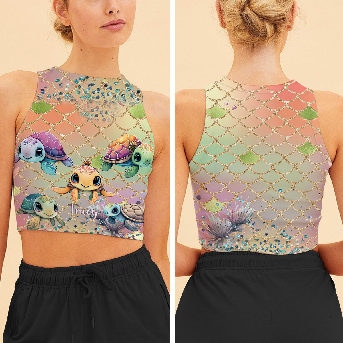 Salty Lil Beach Mermaid Scale - Personalized Turtle Crop Tank Top