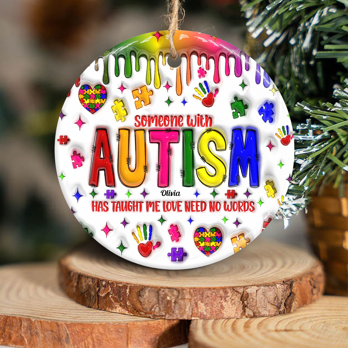 Love Need No Words - Personalized Autism Awareness Ceramic Circle Ornament