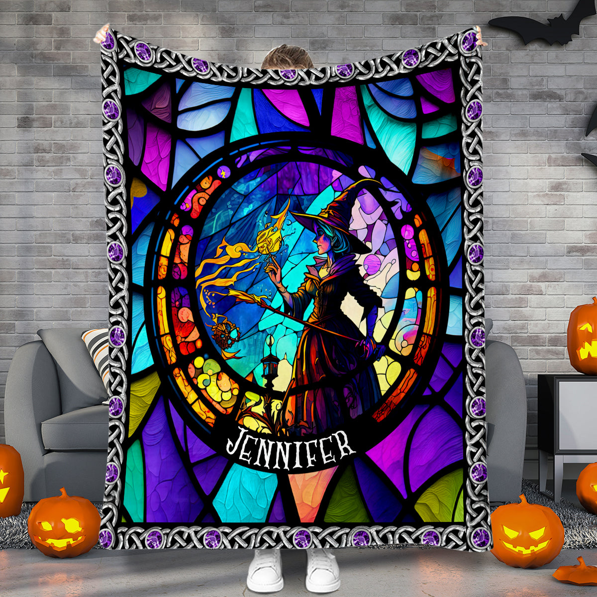 Mystical Witch Purple Stained Glass - Personalized Witch Blanket