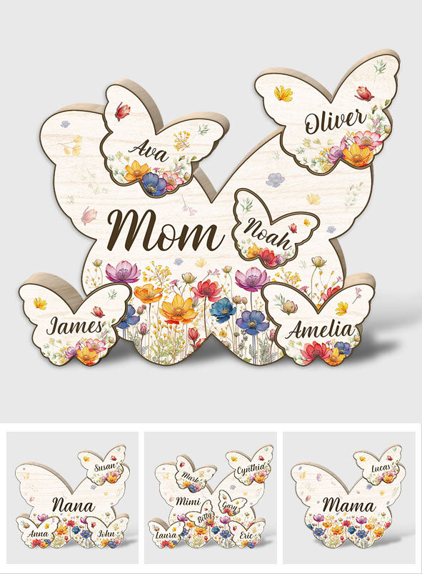 Mom Butterly Wild Flowers - Personalized Mother Shaped Wooden Puzzle