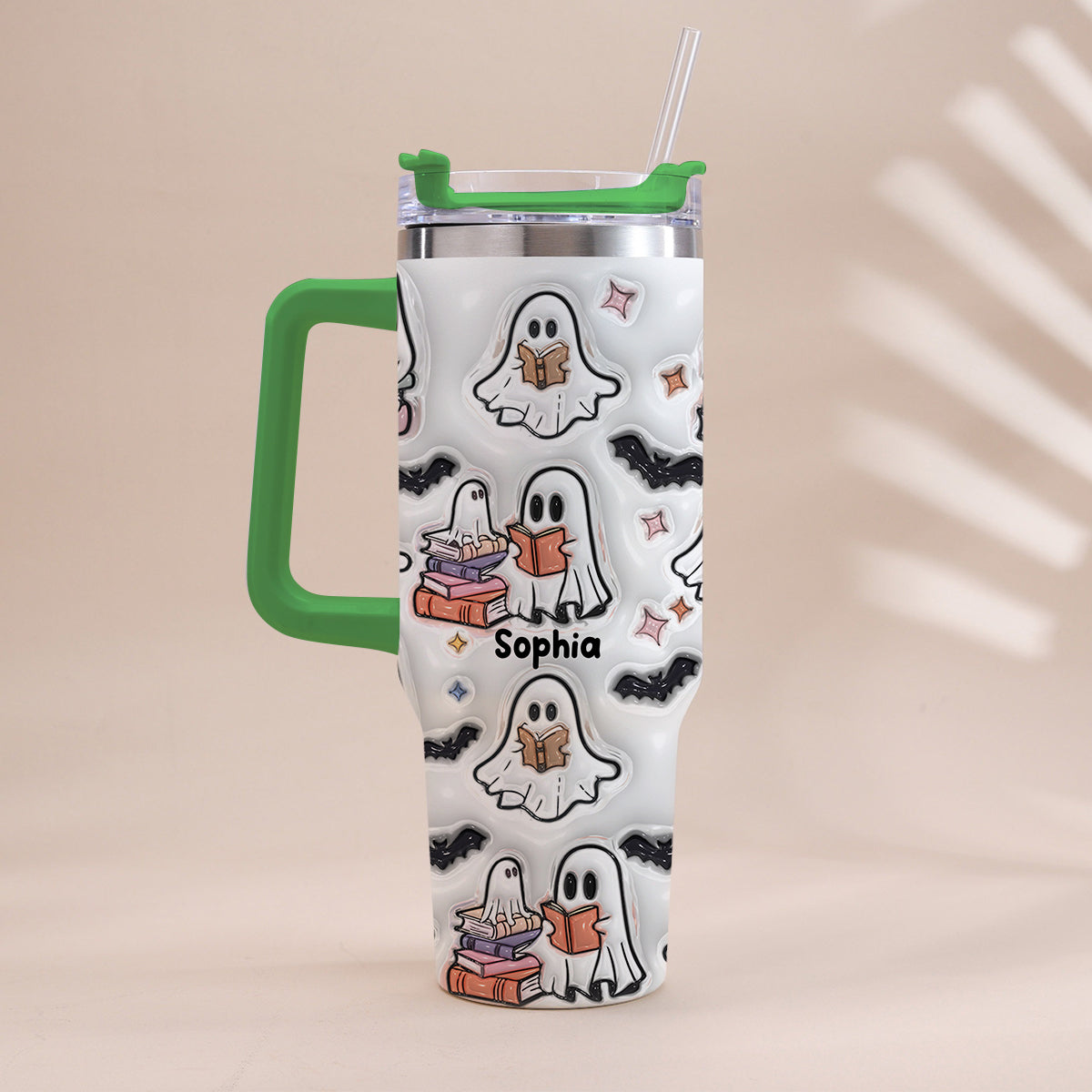 Cute Ghost Reading Booooks - Personalized Book Tumbler With Handle
