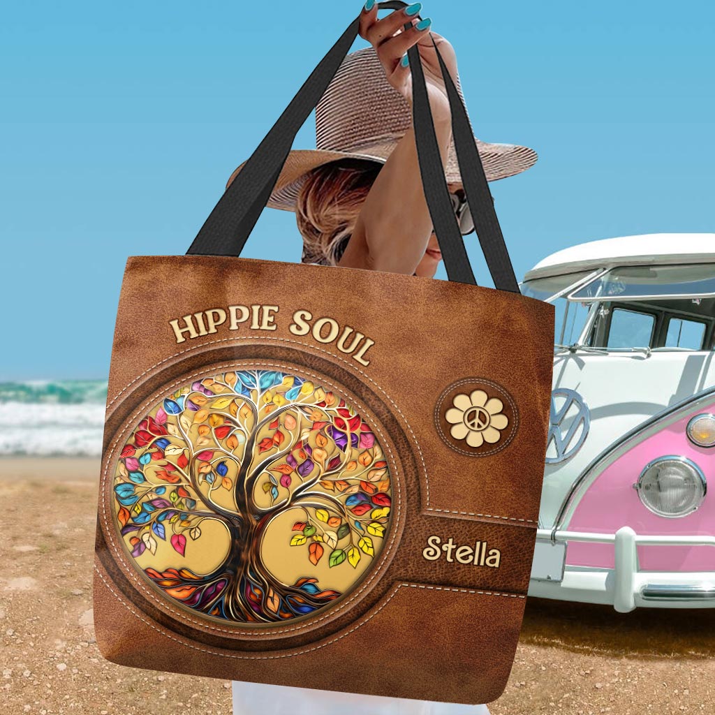 It's A Beautiful World Tree Of Life Peace Sign - Personalized Hippie Tote Bag