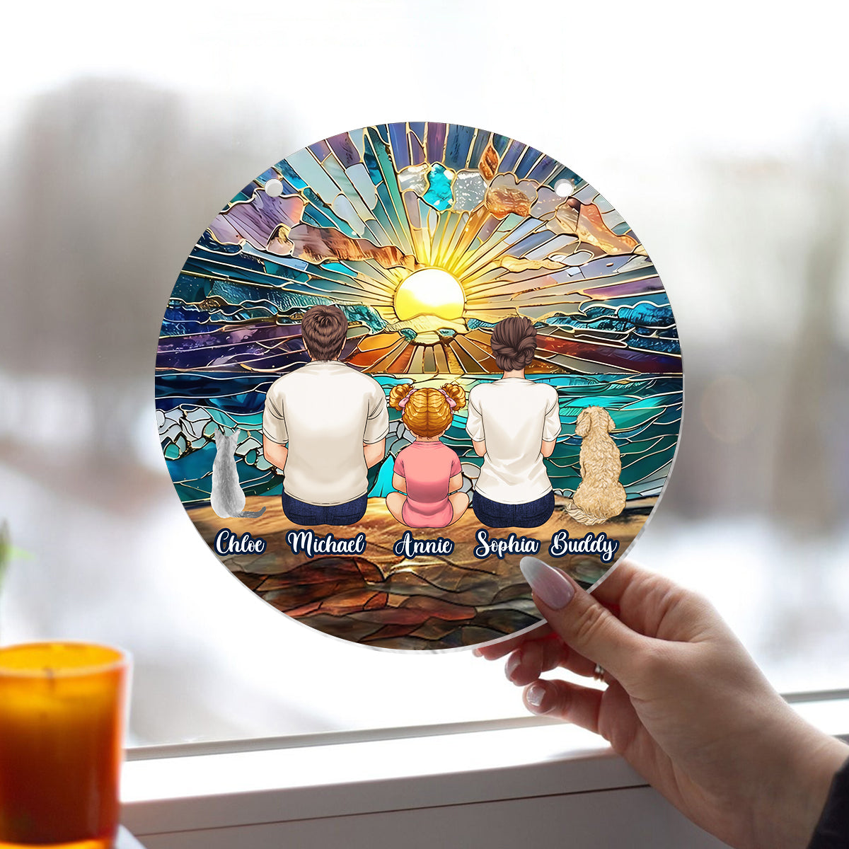 Happy Couple Enjoying Romantic Beach - Personalized Family Window Hanging Suncatcher Ornament