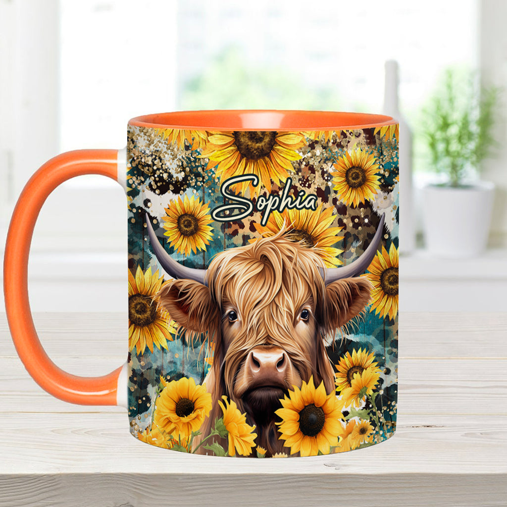 Highland Cow Among Sunflowers - Personalized Accent Mug