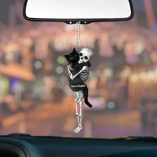 Funny Skeleton & Cat - Personalized Black Cat Custom Shaped Car Ornament
