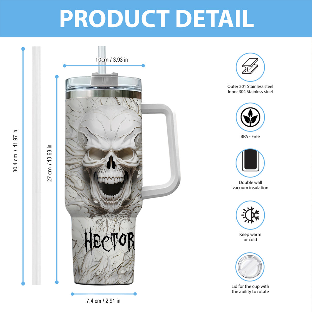 White Skull 3D Version - Personalized Skull Tumbler With Handle