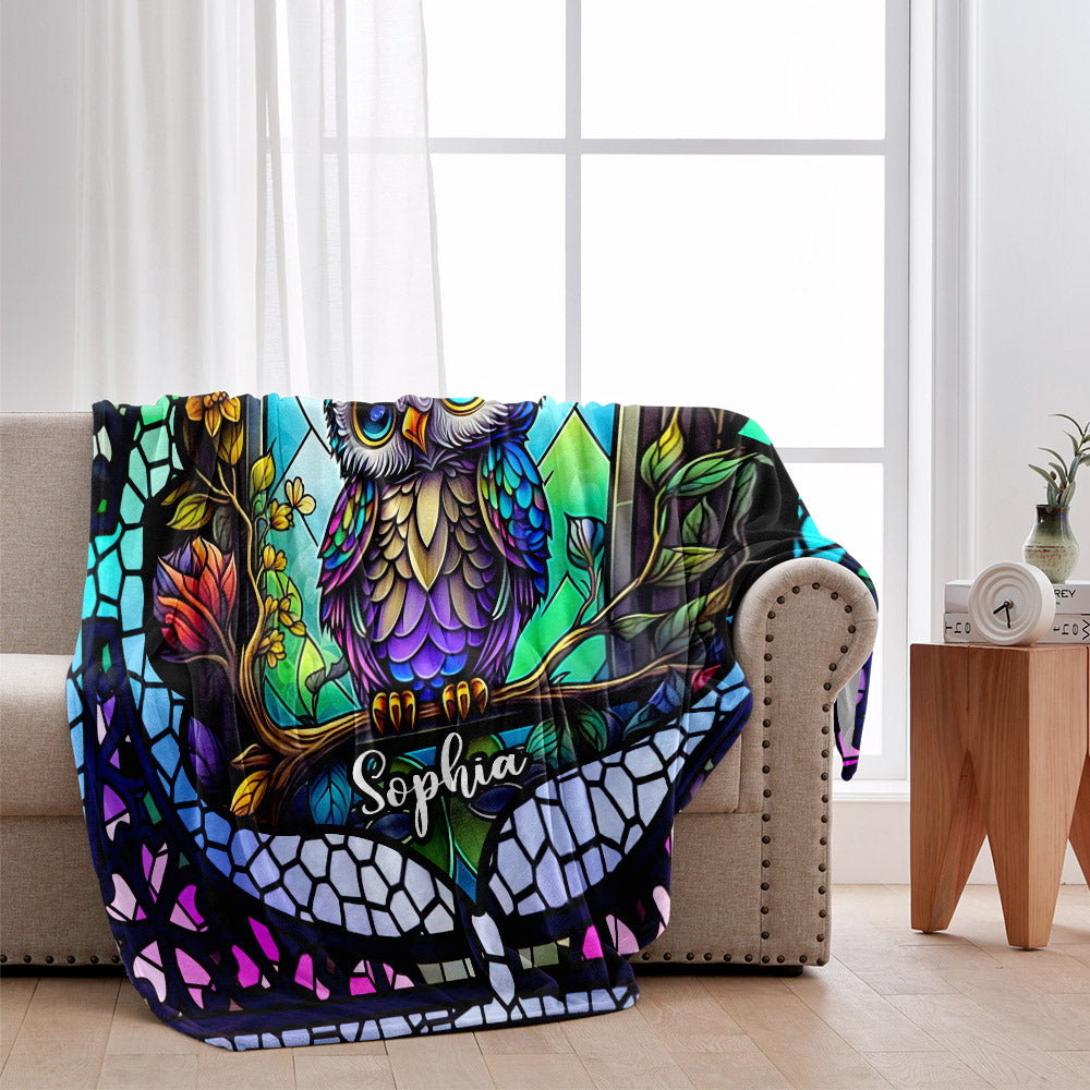 Cute Owl Stained Glass - Personalized Owl Blanket