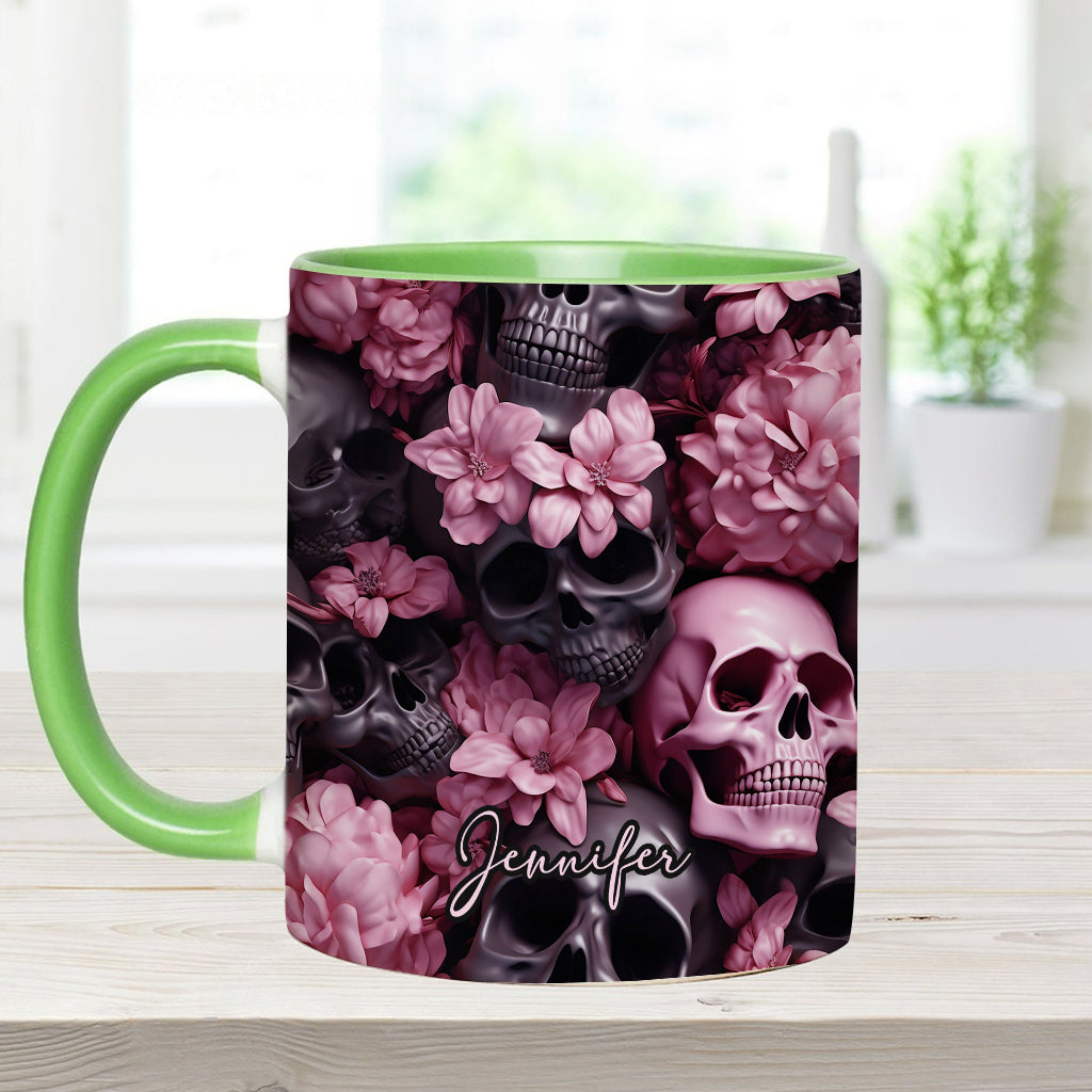 Pink Flowers Black Skulls - Personalized Skull Accent Mug