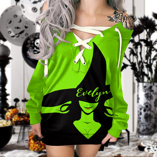 Green Witch - Personalized Witch Off Shoulder Long Sleeve Dress
