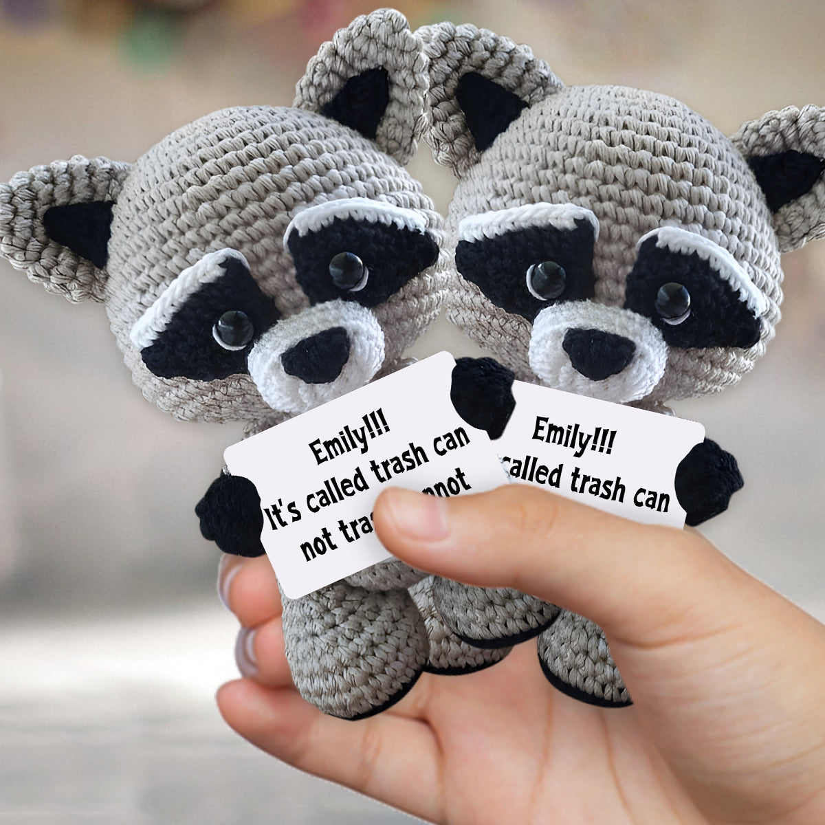 It's Trash Can Not Trash Cannot - Personalized Raccoon Hand Knitted Figurine