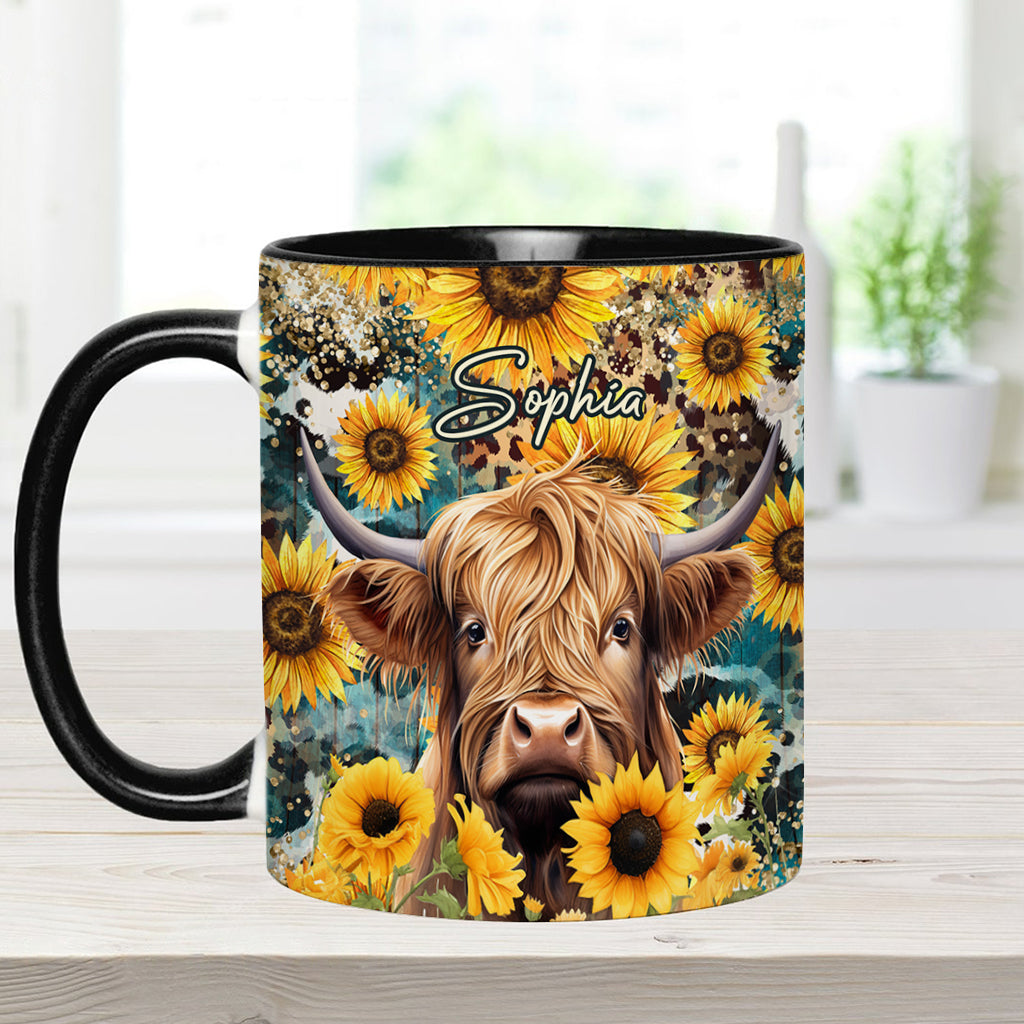 Highland Cow Among Sunflowers - Personalized Accent Mug