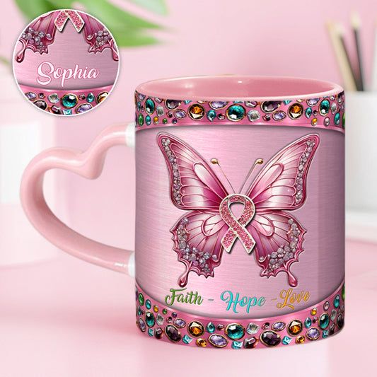 Faith Hope Love - Personalized Breast Cancer Awareness Heart Handle Mug