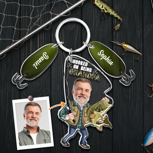 Hooked On Being Grandpa Any Title - Personalized Father Keychain with Charms