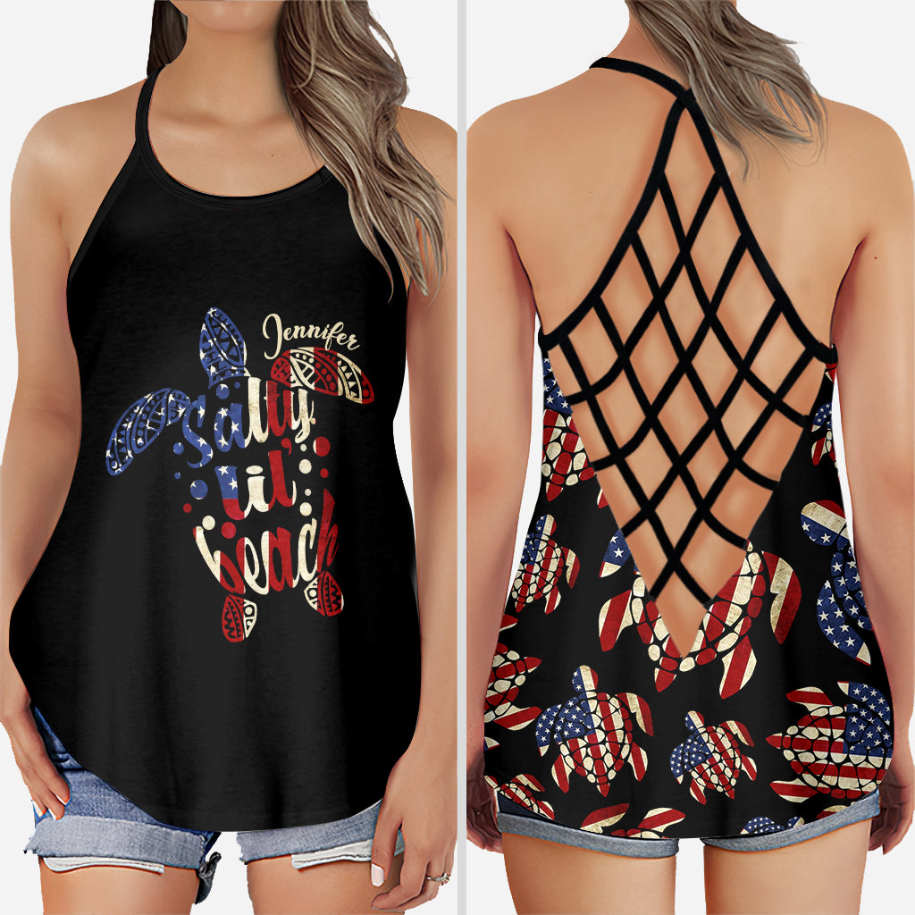 Salty Lil Beach 4th Of July Flag - Personalized Turtle Cross Tank Top