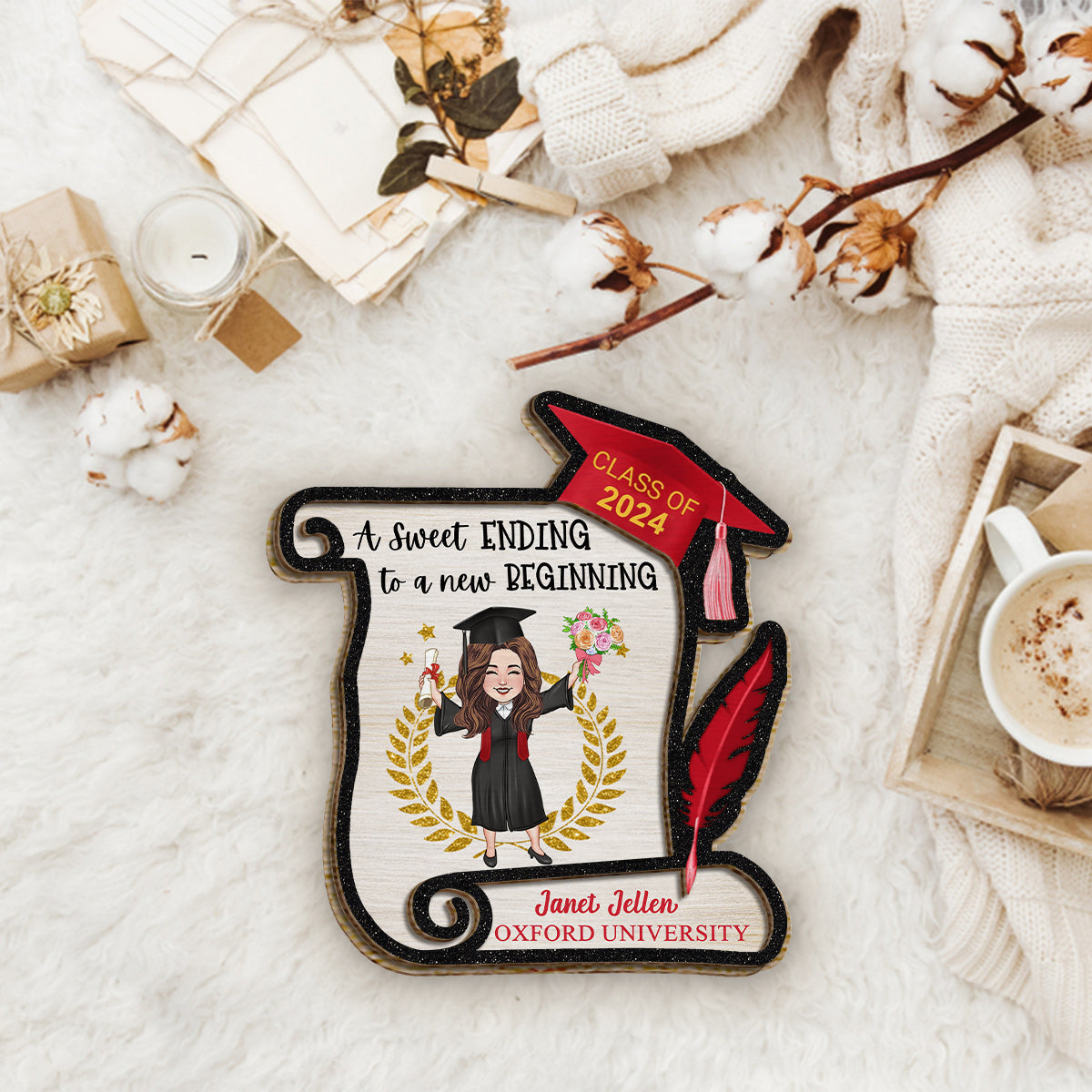 A Sweet Ending To A New Begining - Personalized Graduation 2 Layered Wood Sign / Wood Plaque