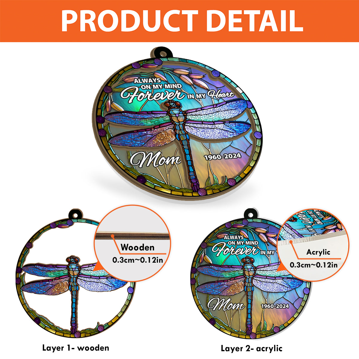 Always On My Mind Forever In My Heart - Personalized Memorial 2 Layered Window Hanging Suncatcher