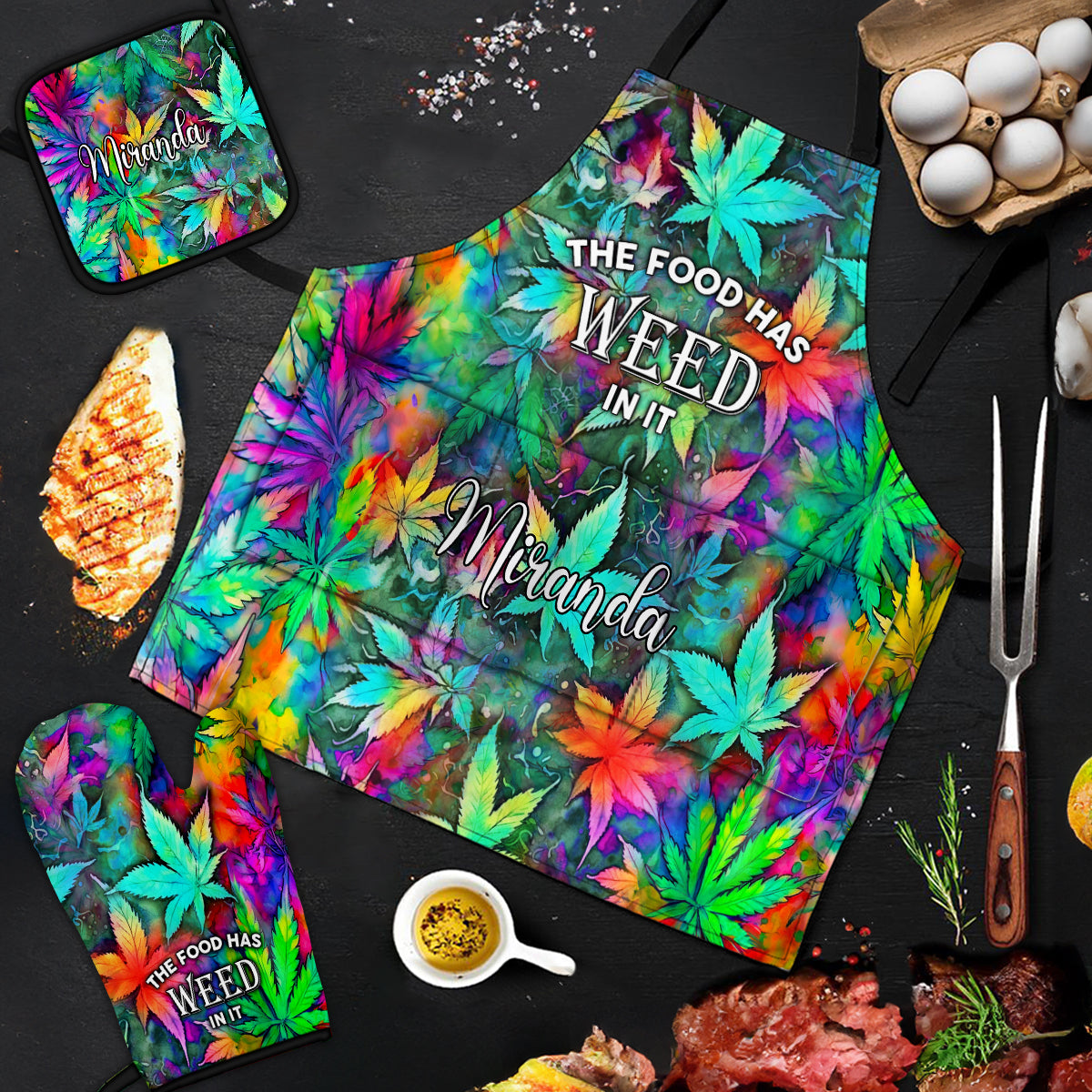 The Food Has Weed In It - Personalized Weed Apron, Oven Mitts & Pot Holder