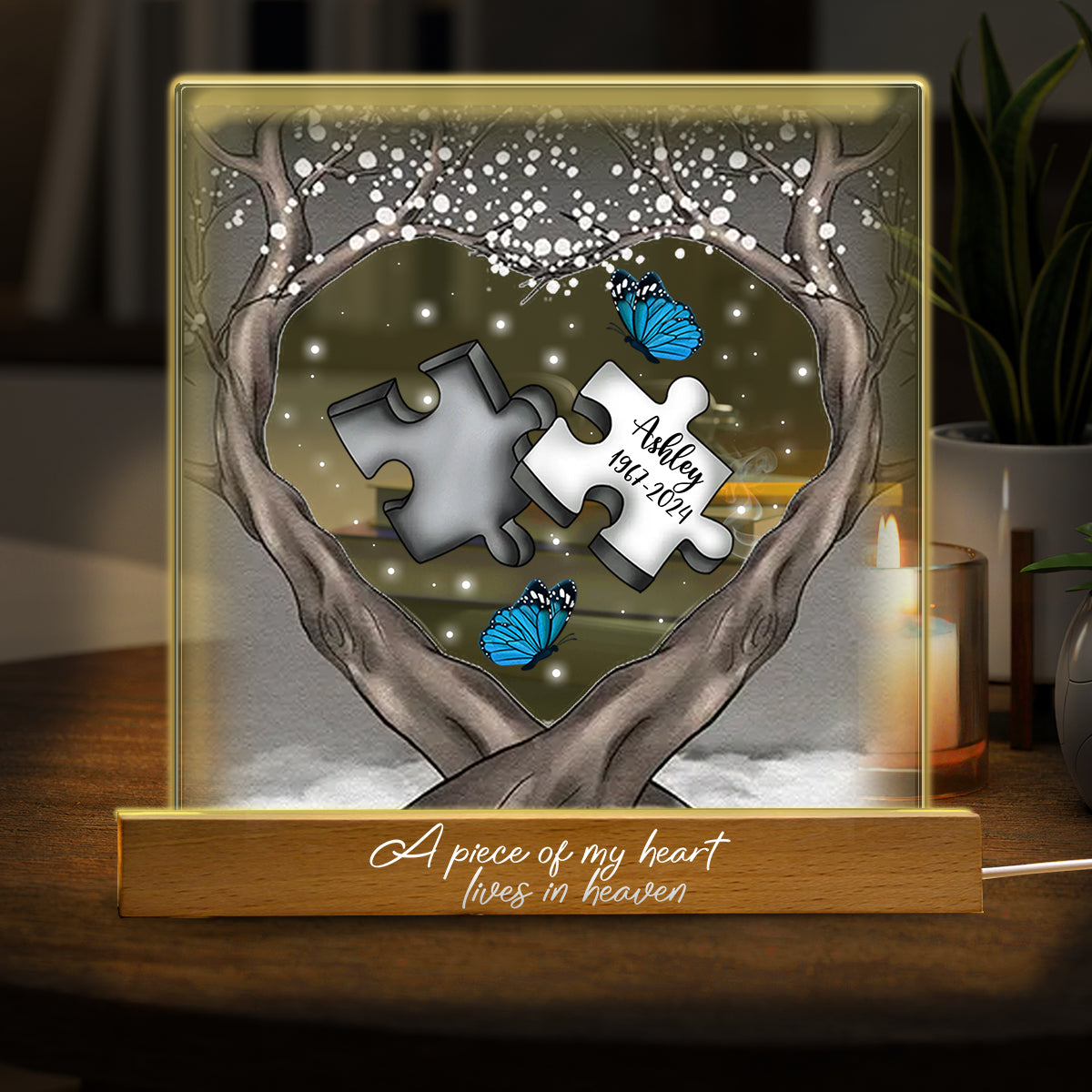 A Piece Of My Heart Lives In Heaven - Personalized Memorial Shaped Led Night Light