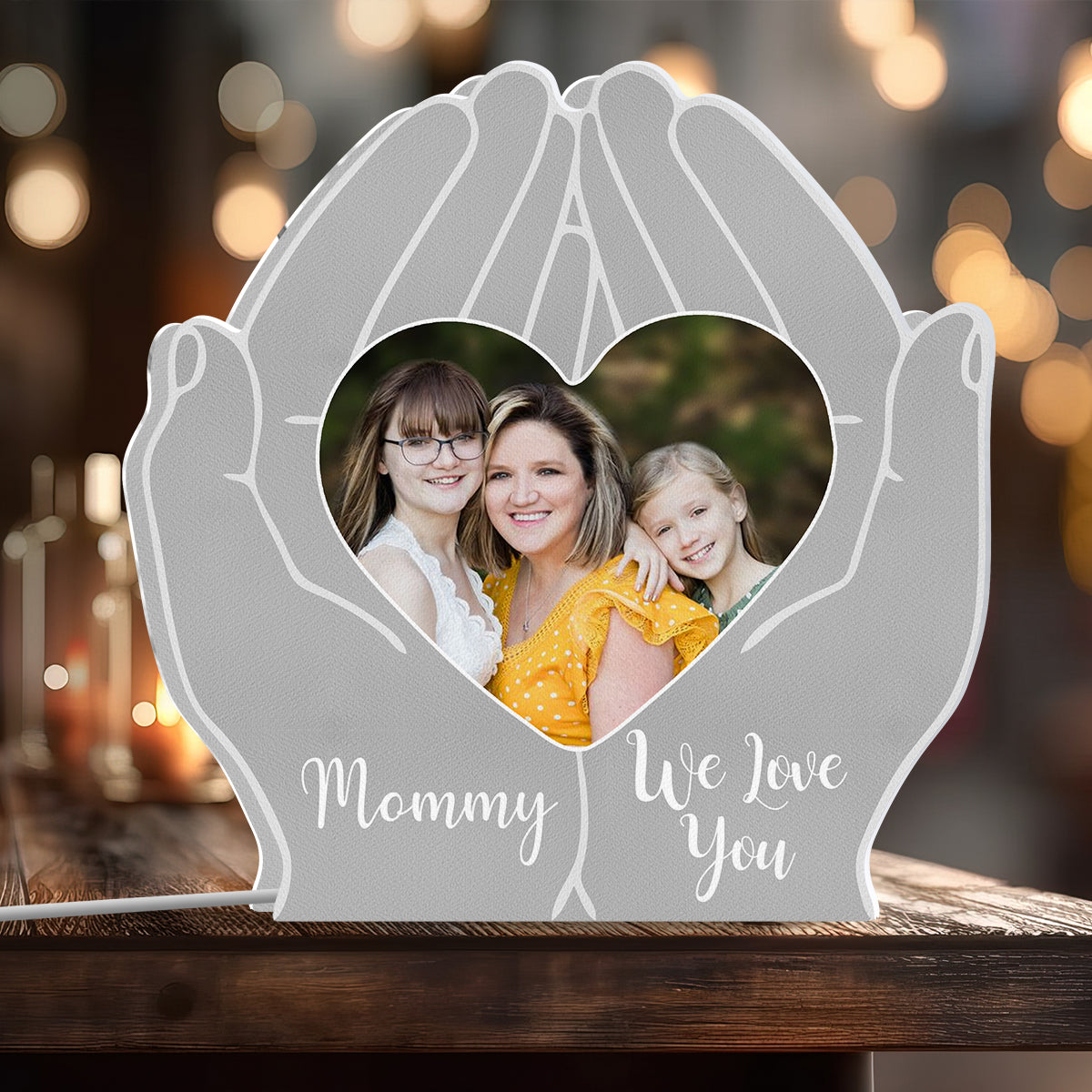 Mom We Love You Hand Holding Heart - Personalized Mother Shaped Light Box