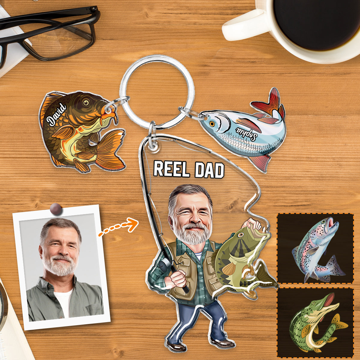 Reel Dad - Personalized Fishing Keychain with Charms