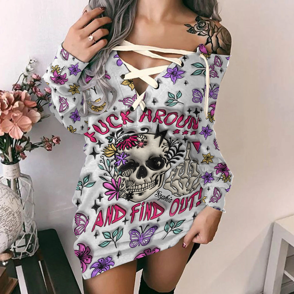 Fuck Around And Find Out - Personalized Skull Off Shoulder Long Sleeve Dress