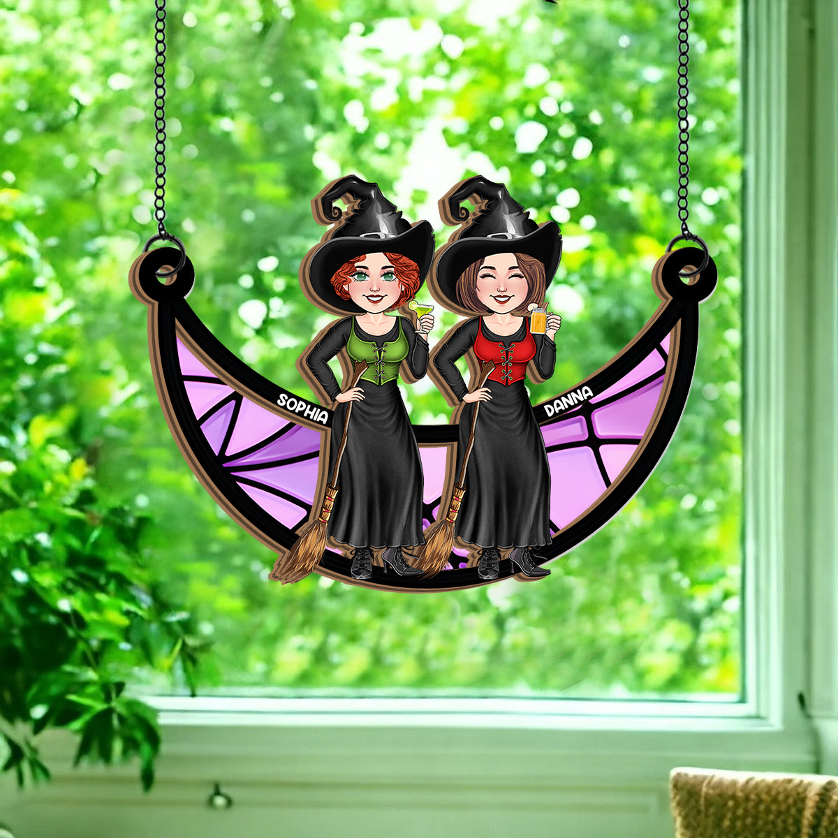 Witches Sitting On The Moon - Personalized Bestie 2 Layered Window Hanging Suncatcher
