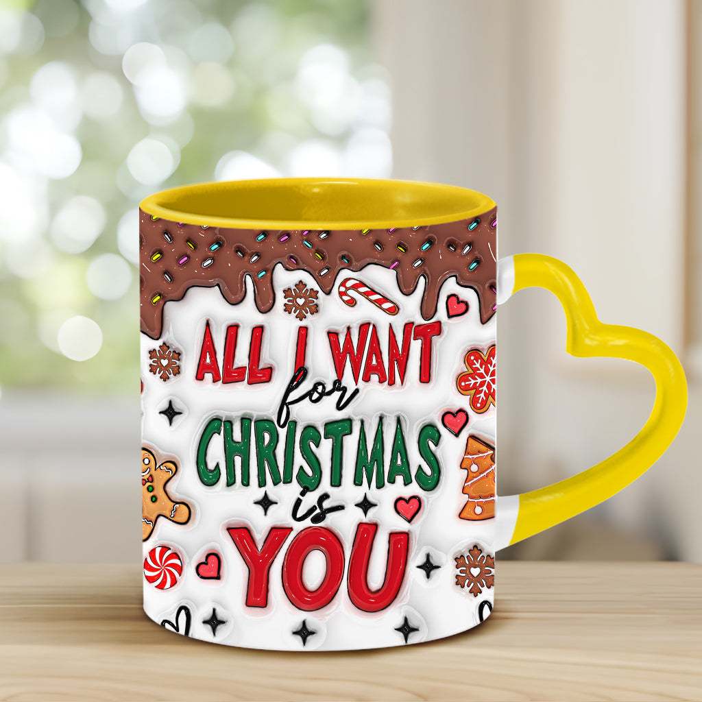 All I Want For Christmas Is You - Personalized Couple Heart Handle Mug