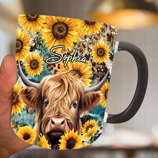Highland Cow Among Sunflowers - Personalized Accent Mug