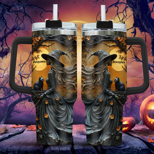 Beautiful Witch & Her Black Cat - Personalized Witch Tumbler With Handle