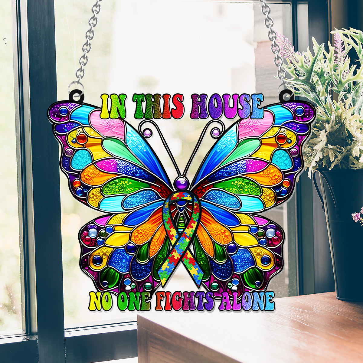 In This House No One Fights Alone - Autism Awareness Window Hanging Suncatcher Ornament