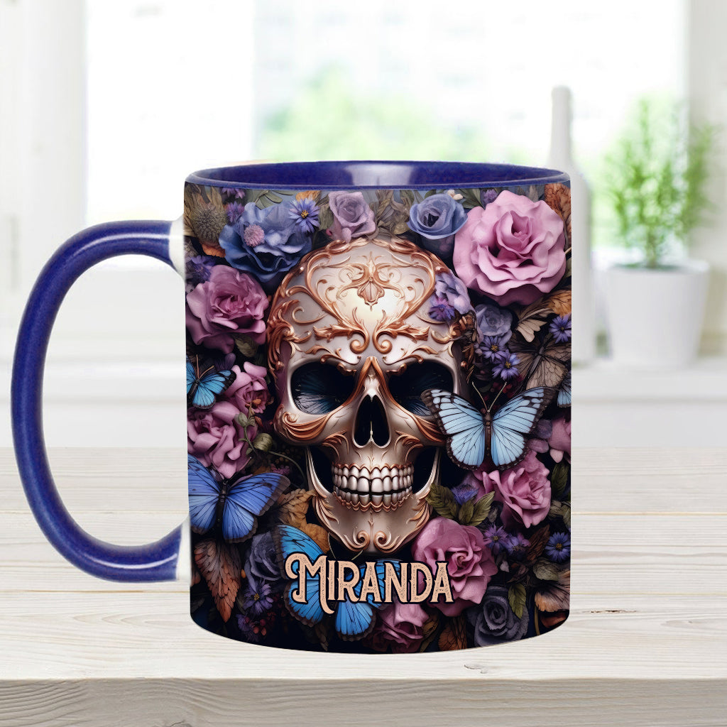 Beauty Of The Dark Skull Roses Butterflies - Personalized Skull Accent Mug