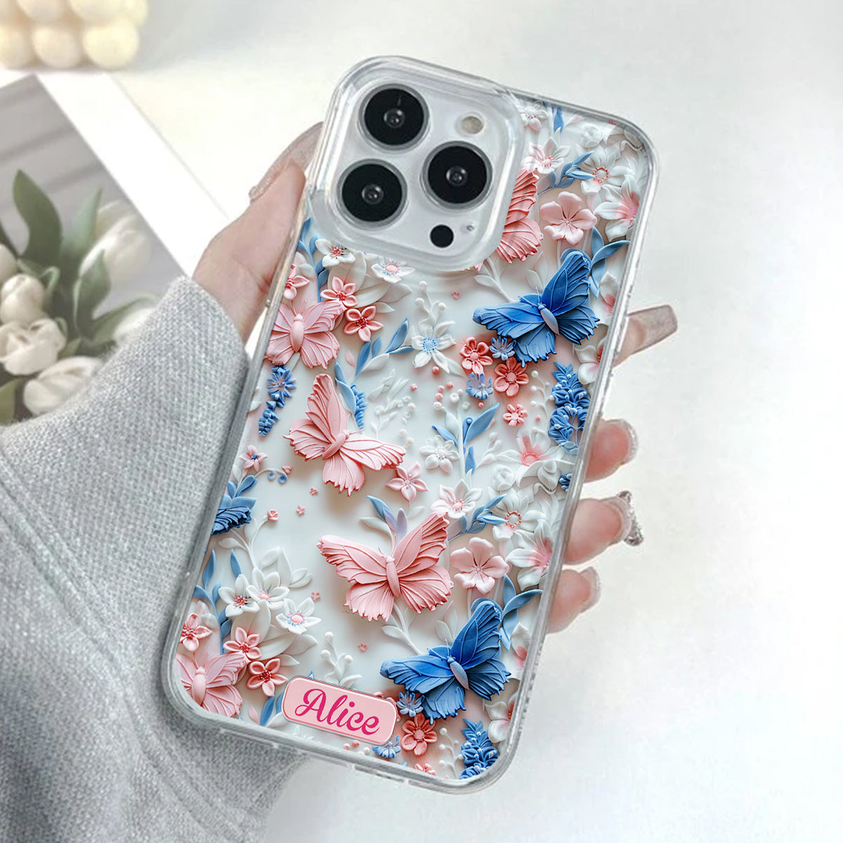 Pink And Blue Butterflies - Personalized Butterfly Clear Phone Case