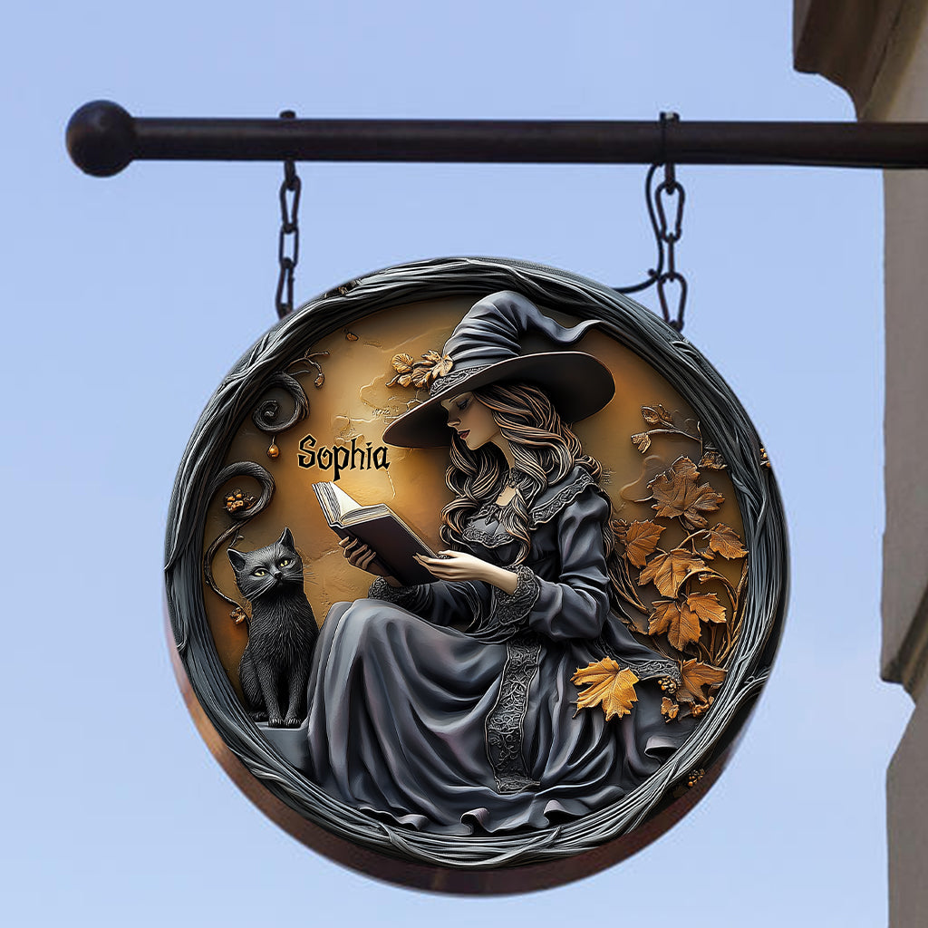 Beautiful Witch & Her Black Cat - Personalized Witch Round Metal Sign