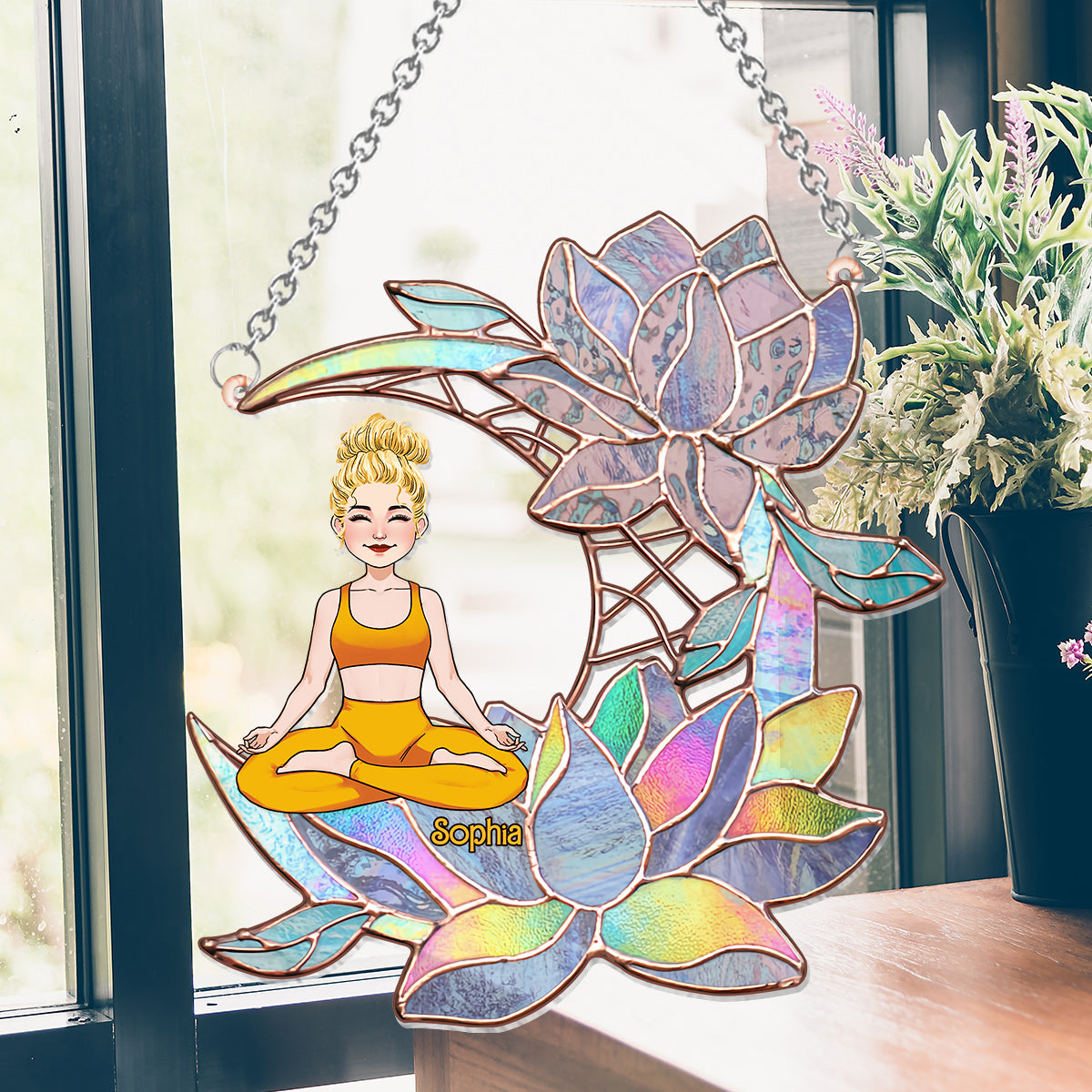 Yoga Girl On Lotus Moon - Personalized Yoga Window Hanging Suncatcher Ornament