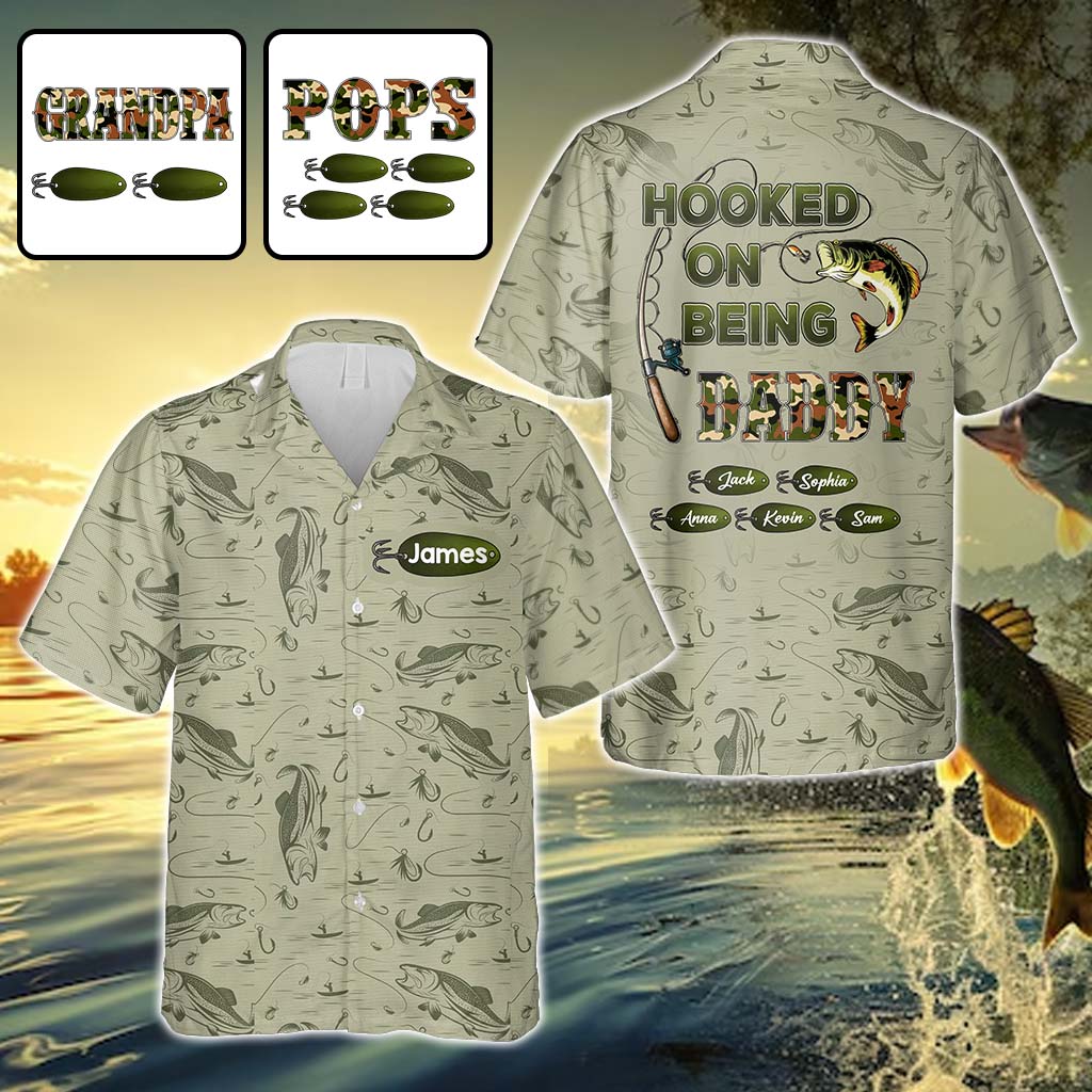 Hooked On Being Dad/ Grandpa... - Personalized Fishing Hawaiian Shirt