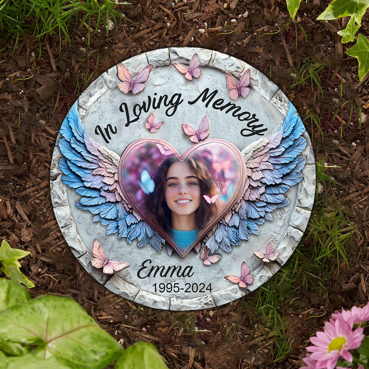 Forever In My Heart Angel Wings - Personalized Memorial Round Shaped Stone