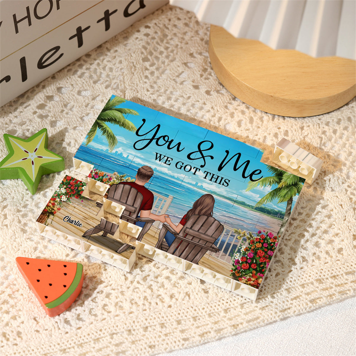 Couple Beach Landscape Retro Vintage - Personalized Couple One-sided Horizontal Rectangle Building Brick Blocks