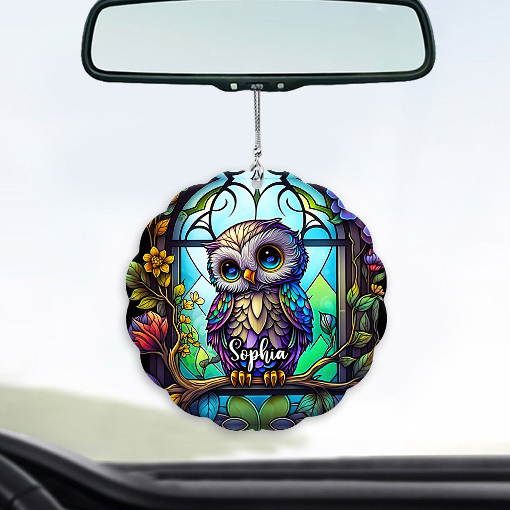 Cute Owl Stained Glass - Personalized Owl Custom Shaped Car Ornament
