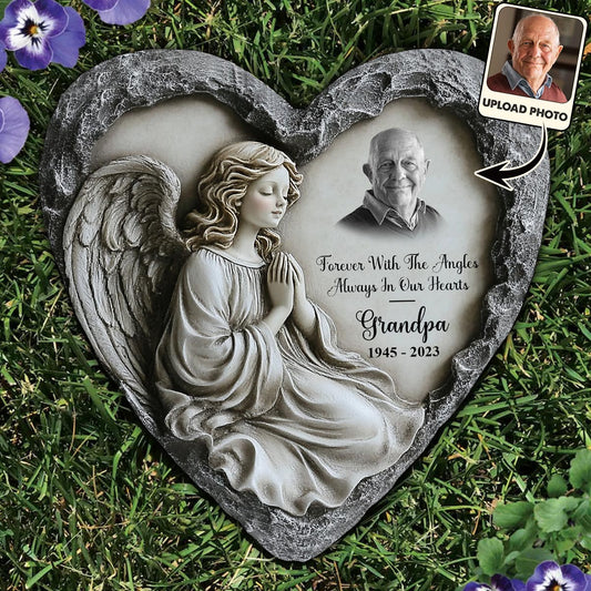 Forever With The Angles, Always In Our Hearts - Personalized Memorial Heart Shaped Stone