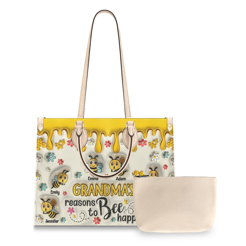 Grandma's Reasons To Bee Happy - Personalized Grandma Leather Handbag